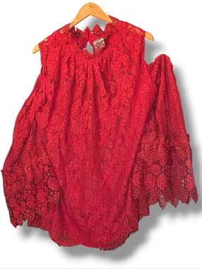Roamans Red Lace Cold Shoulder Top Women's Plus Size 32W / 3X